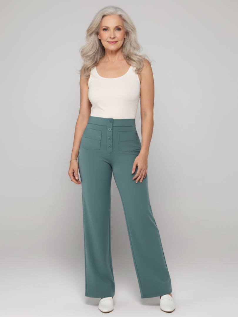 ElsaShape Hoge Taille Rechte Broek met Zakken – Rekbaar en Comfortabele Pasvorm