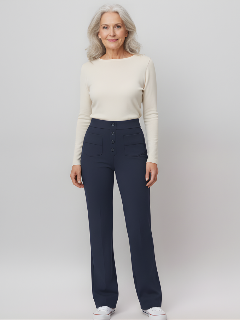 ElsaShape Hoge Taille Rechte Broek met Zakken – Rekbaar en Comfortabele Pasvorm