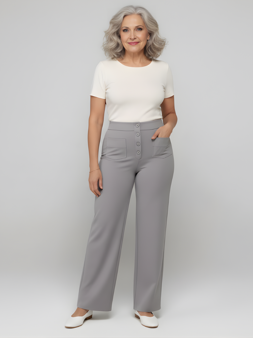 ElsaShape Hoge Taille Rechte Broek met Zakken – Rekbaar en Comfortabele Pasvorm