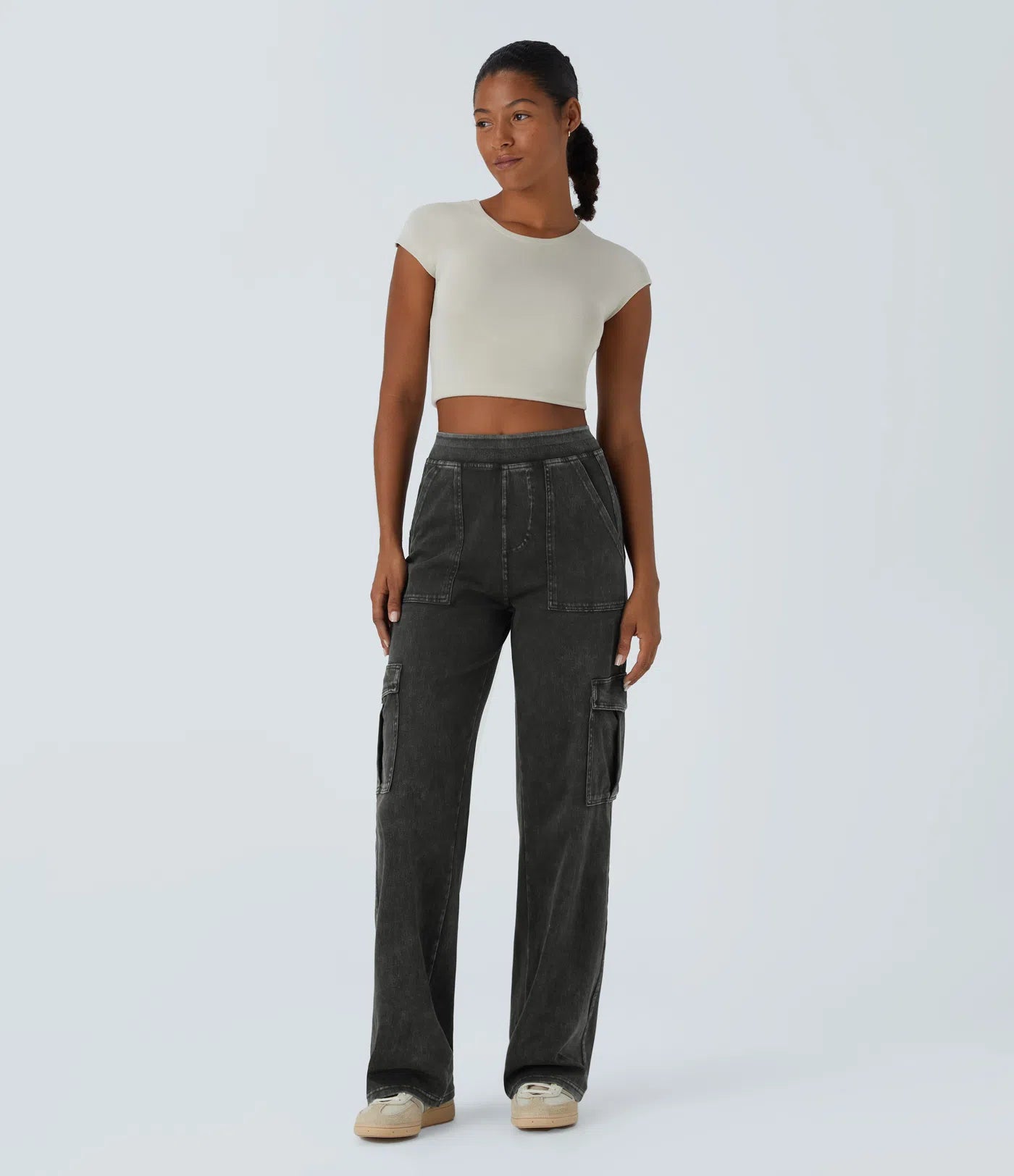 Ella | Elastische cargo broek met hoge taille