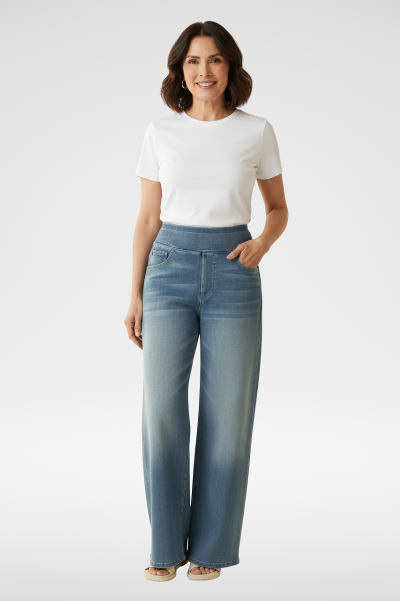 ElsaShape Hoge Taille Jeans met Zakken – Rechte Pijpen, Wijde Pasvorm, Gewassen Casual Look