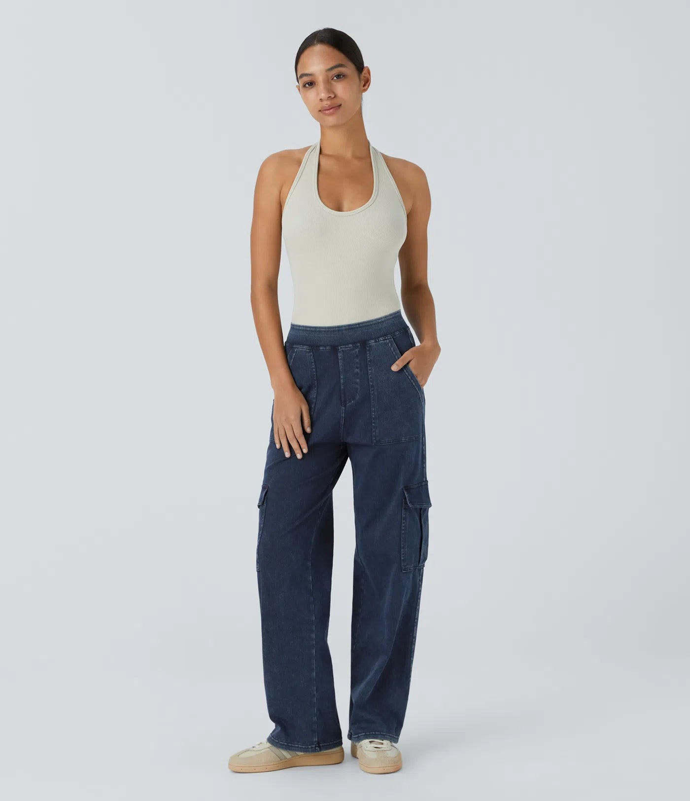 Ella | Elastische cargo broek met hoge taille
